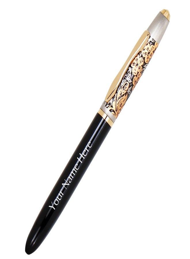 CrownLit Metallic Floral Design Magnetic Cap Roller Gel Pen, Customizable, Black and Gold - Image 1