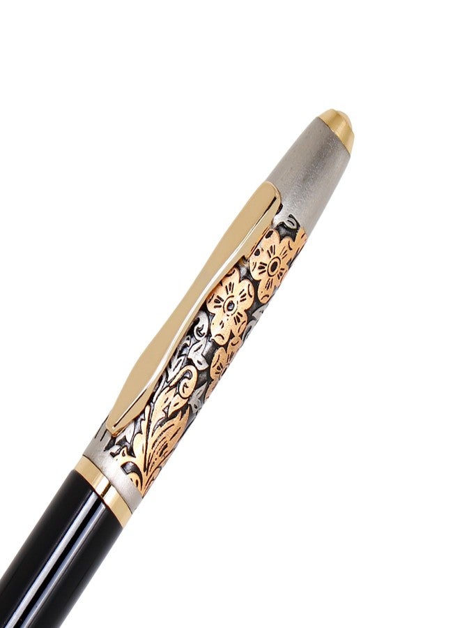 CrownLit Metallic Floral Design Magnetic Cap Roller Gel Pen, Customizable, Black and Gold - Image 2