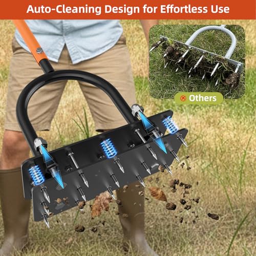 GAINO Manual Lawn Aerator Tool with 15 Spikes, 32"-35" Adjustable T-Handle Aerator for Lawn, Automatic Dirt Ejection Design, Heavy Duty Yard Grass Aerator for Soil Compaction, Black & Orange - Image 4