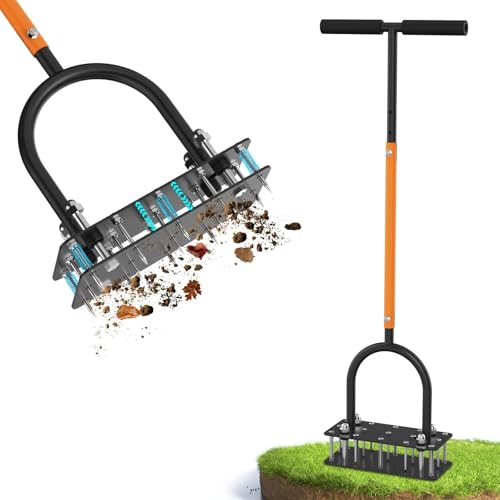 GAINO Manual Lawn Aerator Tool with 15 Spikes, 32"-35" Adjustable T-Handle Aerator for Lawn, Automatic Dirt Ejection Design, Heavy Duty Yard Grass Aerator for Soil Compaction, Black & Orange - Image 1