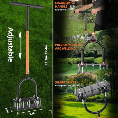 GAINO Manual Lawn Aerator Tool with 15 Spikes, 32"-35" Adjustable T-Handle Aerator for Lawn, Automatic Dirt Ejection Design, Heavy Duty Yard Grass Aerator for Soil Compaction, Black & Orange - Image 2