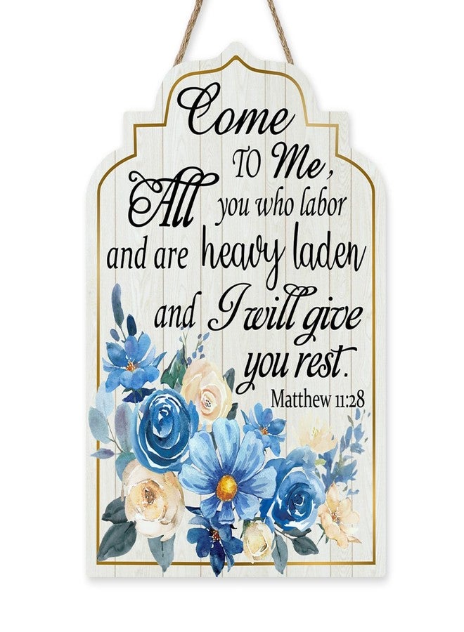Bolisom Christian Matthew 11:28 Front Door Sign, Religious Bible Verse Blue Flower Wood Plaque Hanger Outdoor Porch Home Decor, Spring Summer Scripture Farmhouse Wooden Wreath Wall Hanging Decoration - Image 1