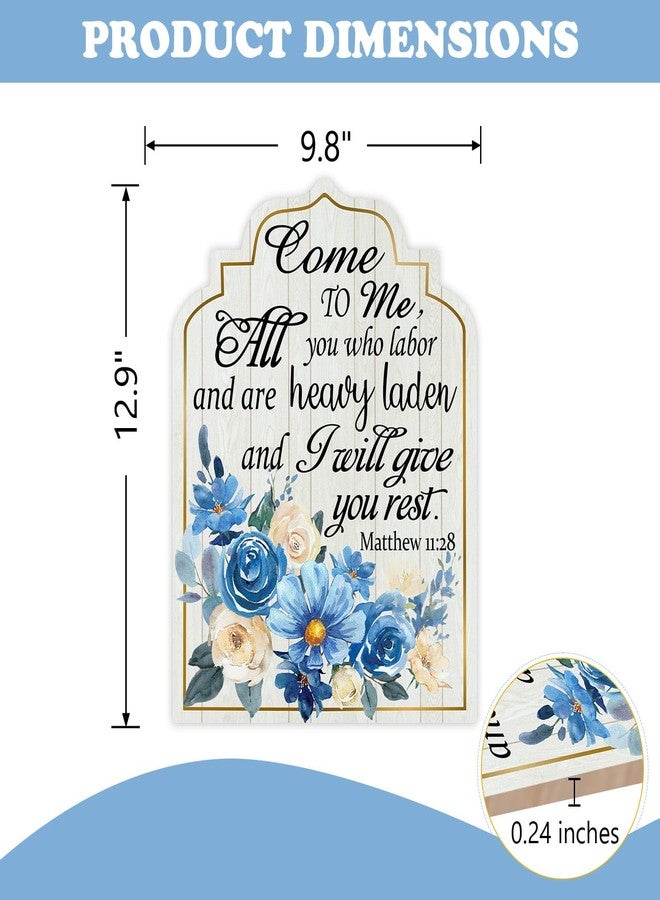 Bolisom Christian Matthew 11:28 Front Door Sign, Religious Bible Verse Blue Flower Wood Plaque Hanger Outdoor Porch Home Decor, Spring Summer Scripture Farmhouse Wooden Wreath Wall Hanging Decoration - Image 2