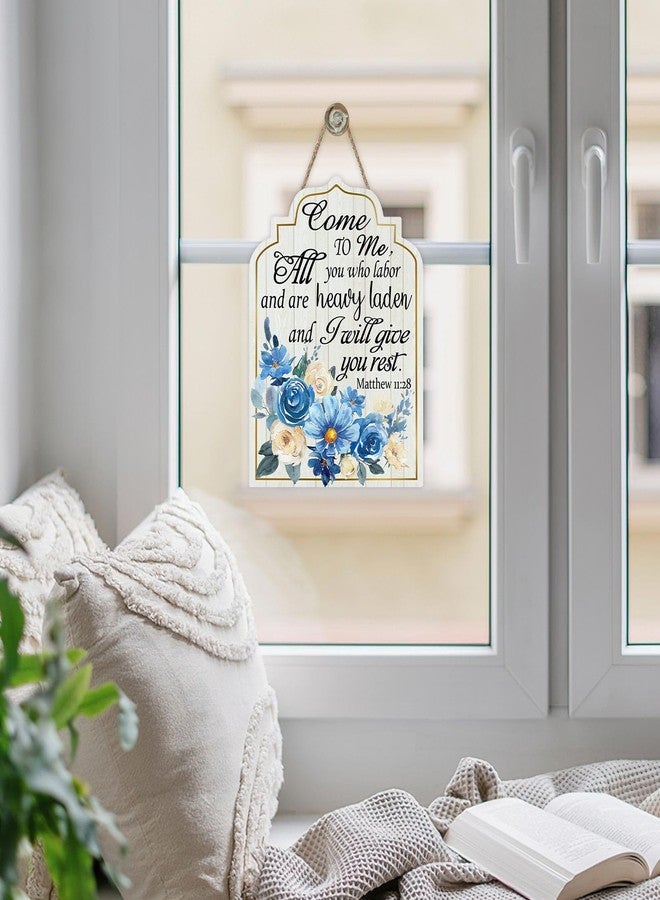 Bolisom Christian Matthew 11:28 Front Door Sign, Religious Bible Verse Blue Flower Wood Plaque Hanger Outdoor Porch Home Decor, Spring Summer Scripture Farmhouse Wooden Wreath Wall Hanging Decoration - Image 5