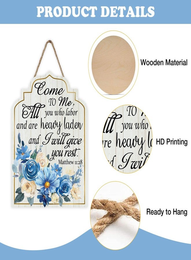 Bolisom Christian Matthew 11:28 Front Door Sign, Religious Bible Verse Blue Flower Wood Plaque Hanger Outdoor Porch Home Decor, Spring Summer Scripture Farmhouse Wooden Wreath Wall Hanging Decoration - Image 3