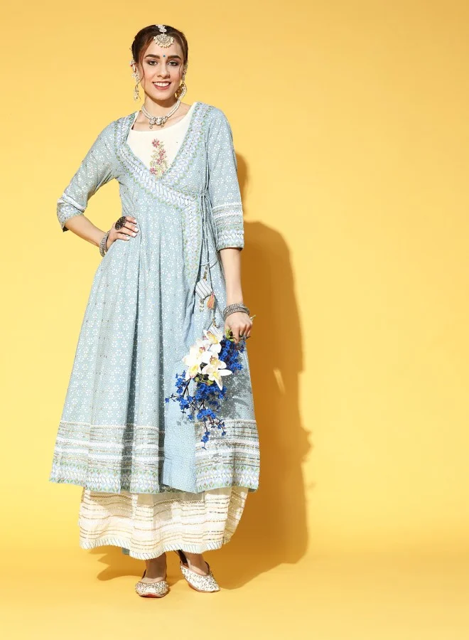 ISHIN Women's Blue 100% Cotton Self Design A-Line Kurta