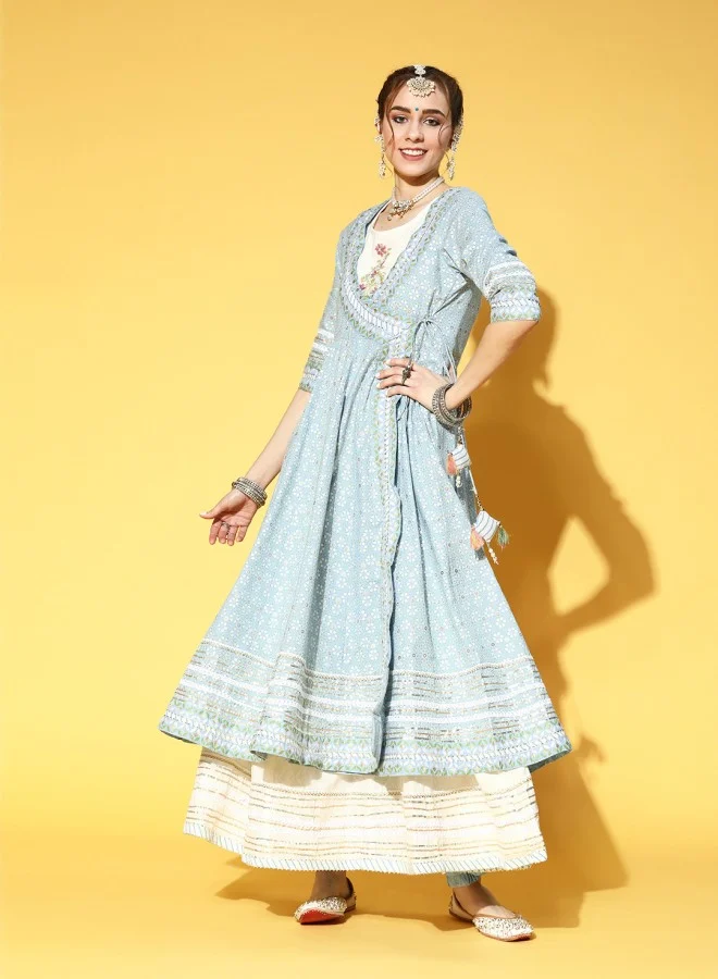 ISHIN Women's Blue 100% Cotton Self Design A-Line Kurta