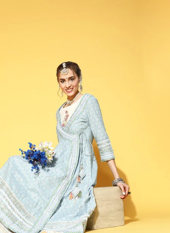 ISHIN Women's Blue 100% Cotton Self Design A-Line Kurta