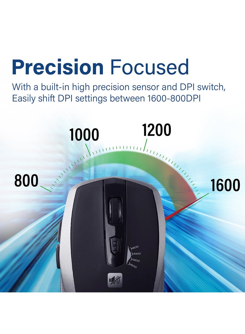 بروميت ماوس صامت بدقة 1600DPI، تصميم مريح متماثل 2.4GHz بدون سلك مع مفاتيح صامتة، عمر بطارية طويل، مستشعر بصري، 6 أزرار وظيفية ومستقبل نانو لنظام ماك، ويندوز، بريز. - Image 3