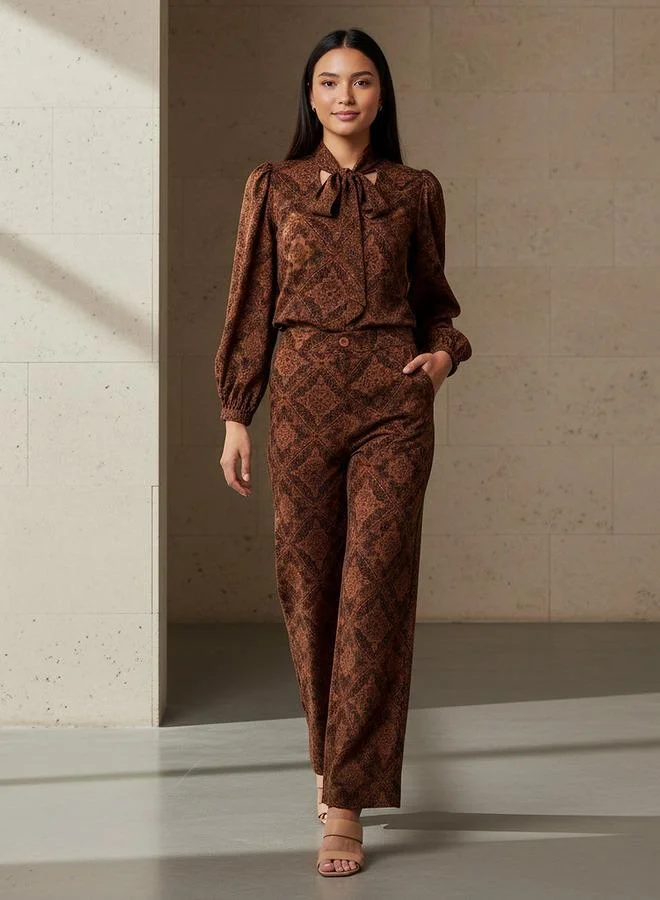 Splash FAV Printed Neck Tie Blouse with Bottom Co-ord Set