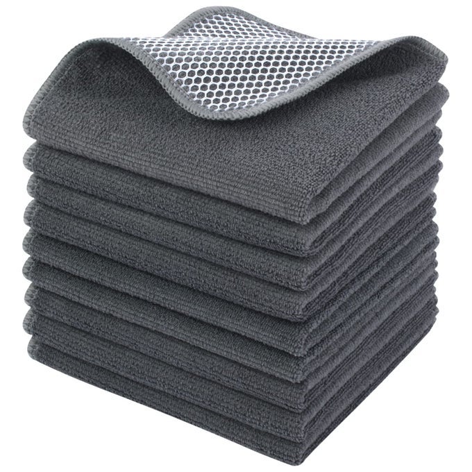 KITCHEN WASHCLOTHS FOR DISHES ABSORBENT MICROFIBER DISH CLOTHS QUICK DRY DISH RAGS WITH POLY SCOUR SCRUB SIDE IDEAL FOR KITCHEN CLEANING AND HOUSEKEEPING GRAY 12INCHX12INCH 9 PACK