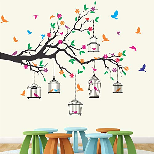 StickMe 'Nature Tree - Colorful - Birds - Cage - Wall Sticker ' -SM584 (Multi Colour, Vinyl - 130cm X 110 cm )-Self-Adhesive - Image 1