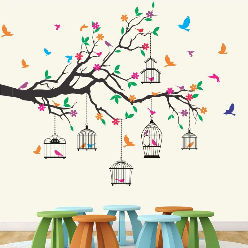 StickMe 'Nature Tree - Colorful - Birds - Cage - Wall Sticker ' -SM584 (Multi Colour, Vinyl - 130cm X 110 cm )-Self-Adhesive - Image 5