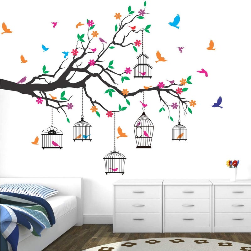 StickMe 'Nature Tree - Colorful - Birds - Cage - Wall Sticker ' -SM584 (Multi Colour, Vinyl - 130cm X 110 cm )-Self-Adhesive - Image 2