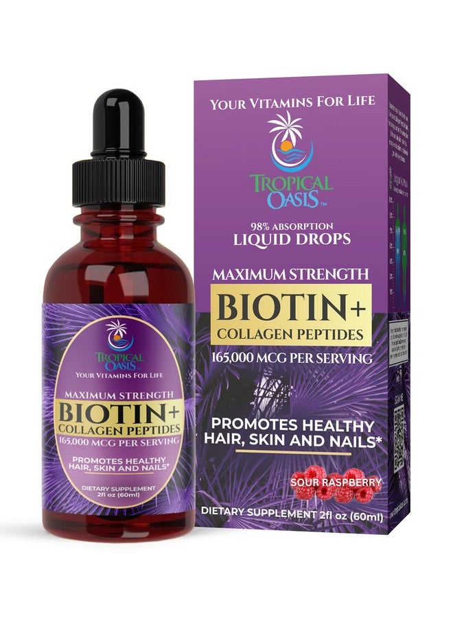 Tropical Oasis - Maximum Strength 165,000mcg Liquid Biotin & Collagen Drops - Vitamins for Hair Growth for Women & Men - Supports Healthy Hair, Radiant Skin & Strong Nails - 98% Absorption, Non-GMO, 60 Servings - Image 1