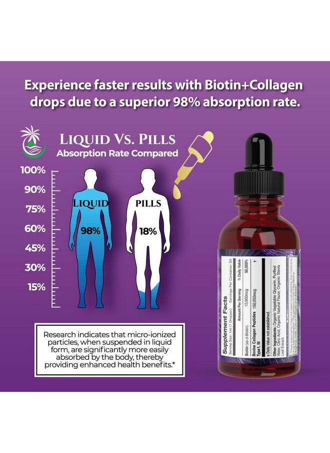 Tropical Oasis - Maximum Strength 165,000mcg Liquid Biotin & Collagen Drops - Vitamins for Hair Growth for Women & Men - Supports Healthy Hair, Radiant Skin & Strong Nails - 98% Absorption, Non-GMO, 60 Servings - Image 1