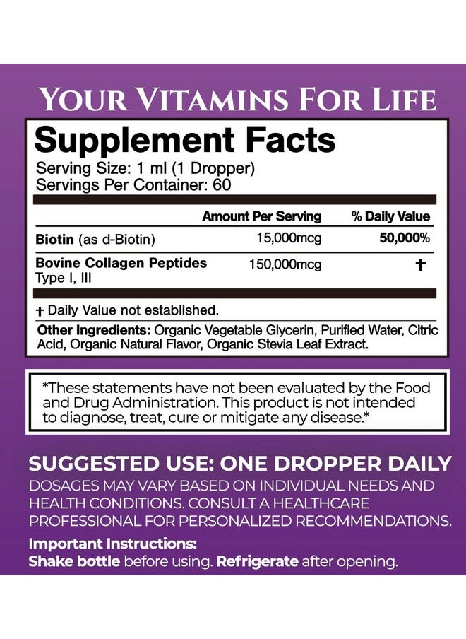 Tropical Oasis - Maximum Strength 165,000mcg Liquid Biotin & Collagen Drops - Vitamins for Hair Growth for Women & Men - Supports Healthy Hair, Radiant Skin & Strong Nails - 98% Absorption, Non-GMO, 60 Servings - Image 1