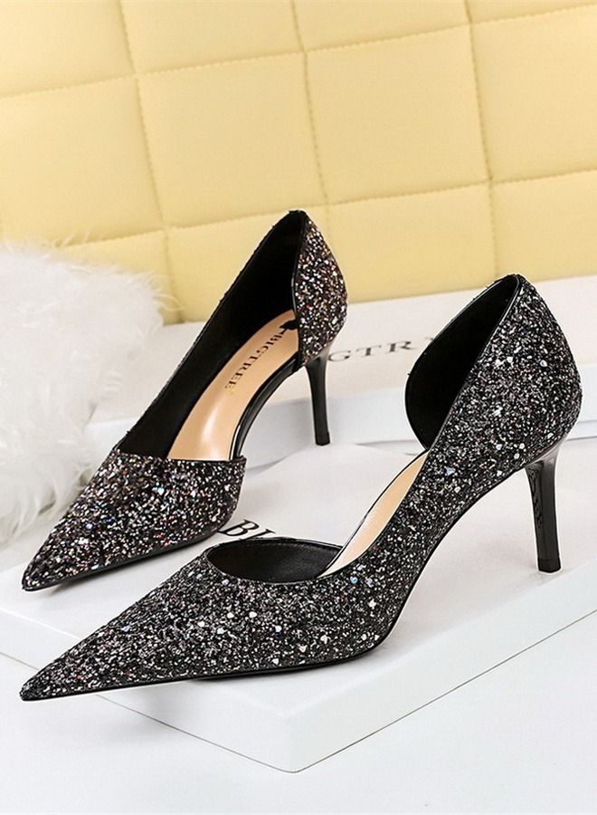 BIGTREE Pointed Side Cut-Out Shiny Sequin High Heels 7CM - Image 1