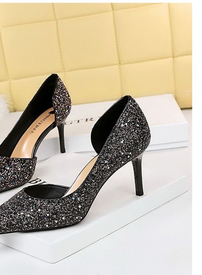 BIGTREE Pointed Side Cut-Out Shiny Sequin High Heels 7CM - Image 3