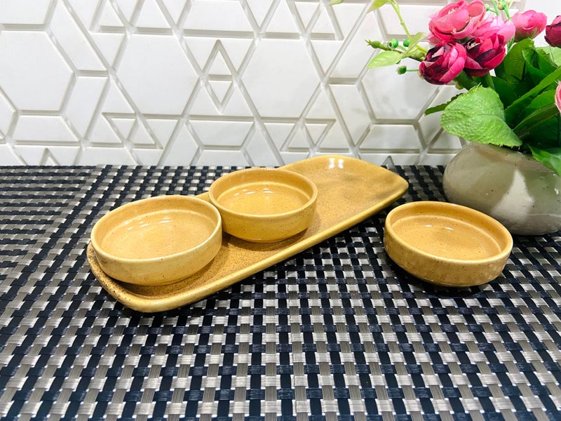 ALTAICA Prime Porcelain Serving Platter with Three Dip Bowls for Snacks, Starter - Perfect for Modern Kitchen- Yellow Colour - Image 2