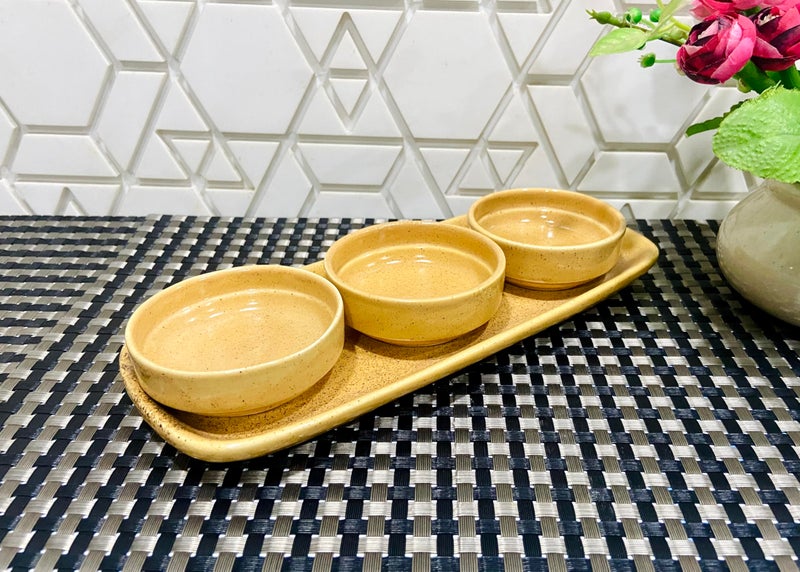 ALTAICA Prime Porcelain Serving Platter with Three Dip Bowls for Snacks, Starter - Perfect for Modern Kitchen- Yellow Colour - Image 1