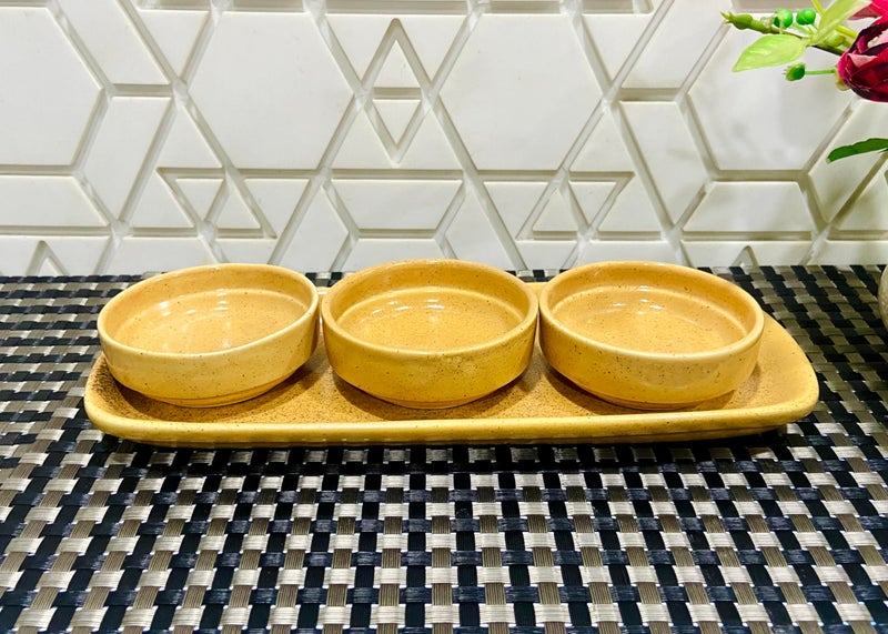 ALTAICA Prime Porcelain Serving Platter with Three Dip Bowls for Snacks, Starter - Perfect for Modern Kitchen- Yellow Colour - Image 3