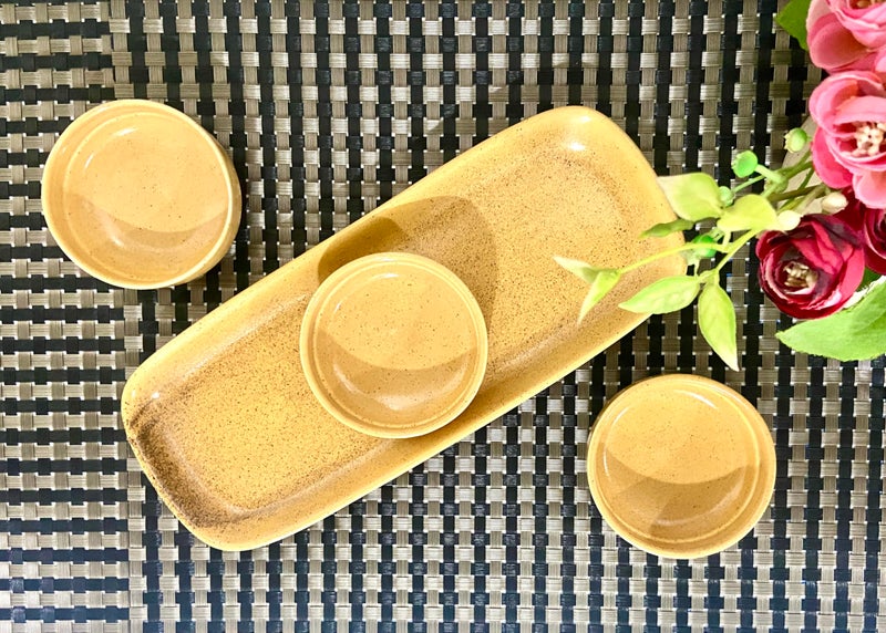ALTAICA Prime Porcelain Serving Platter with Three Dip Bowls for Snacks, Starter - Perfect for Modern Kitchen- Yellow Colour - Image 5