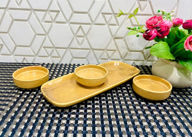 ALTAICA Prime Porcelain Serving Platter with Three Dip Bowls for Snacks, Starter - Perfect for Modern Kitchen- Yellow Colour - Image 4