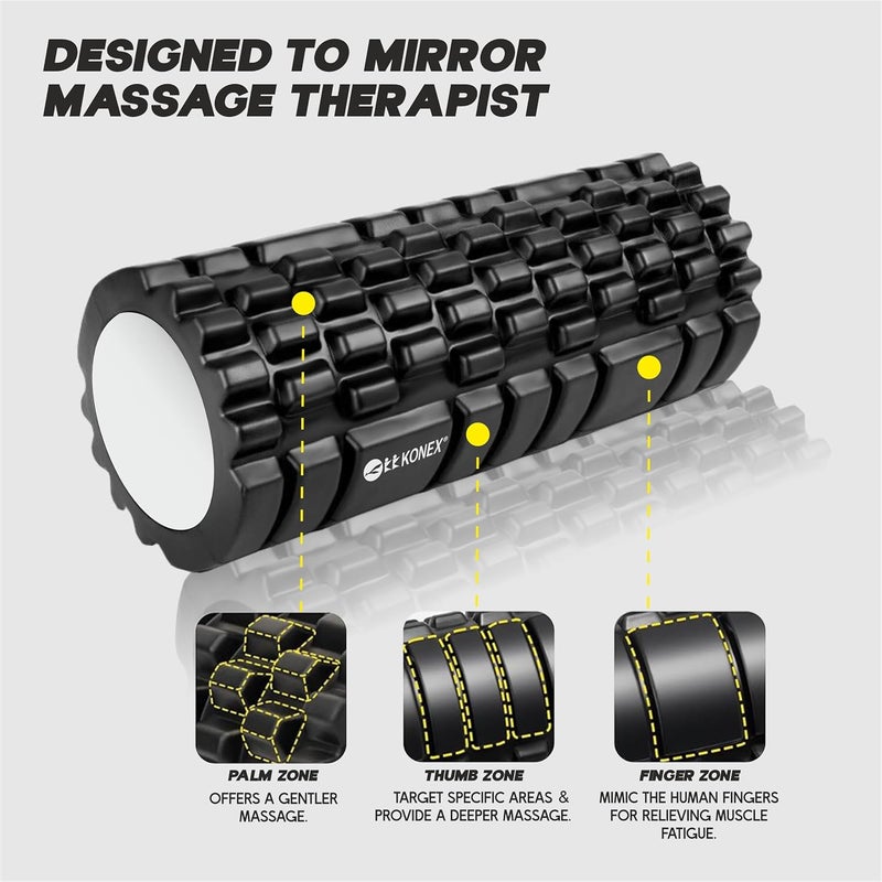 KONEX Foam Roller for Men & Women | Deep Tissue Massager for Pain Relief & Muscle Recovery | Ideal for Yoga, Gym, Stretching & Full Body Relaxation - 33 cm (Black) - Image 2