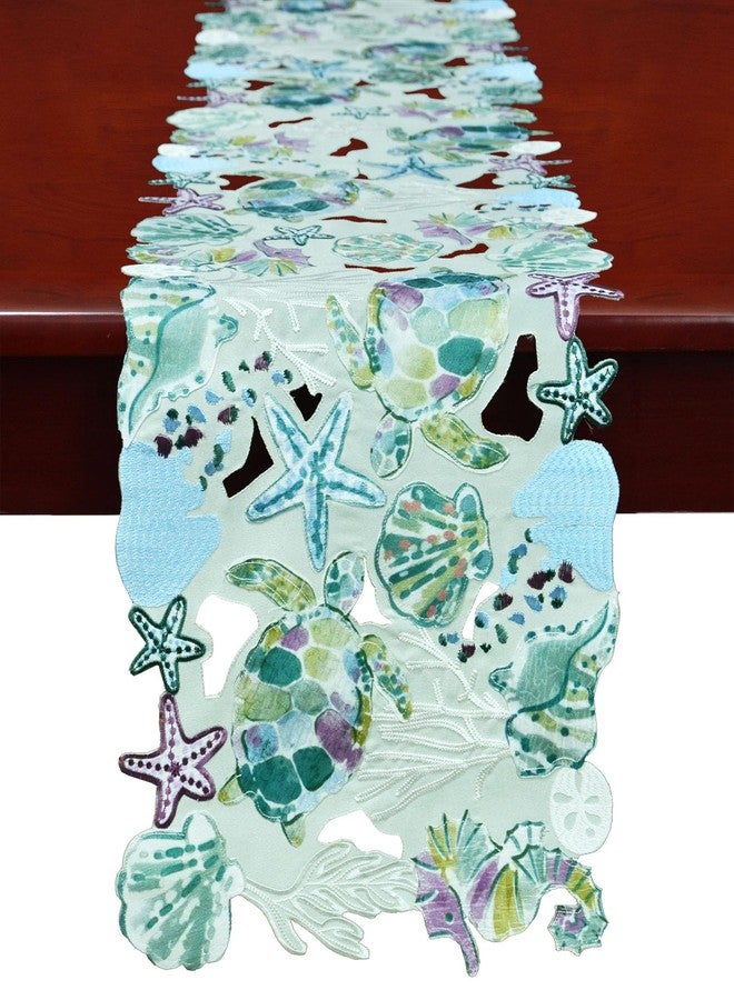 Simhomsen Decorative Embroidered Ocean, Sea Life, Coastal or Beach Themed Table Runner, Seashells and Starfish Print (14 × 34 inches) - Image 1