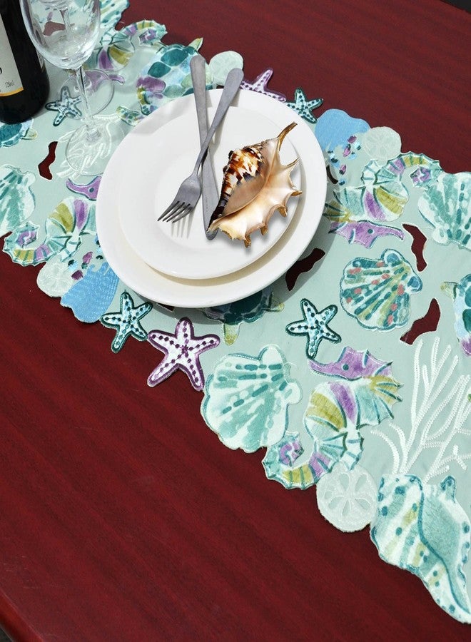 Simhomsen Decorative Embroidered Ocean, Sea Life, Coastal or Beach Themed Table Runner, Seashells and Starfish Print (14 × 34 inches) - Image 3