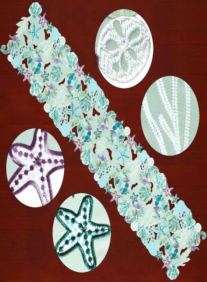 Simhomsen Decorative Embroidered Ocean, Sea Life, Coastal or Beach Themed Table Runner, Seashells and Starfish Print (14 × 34 inches) - Image 2