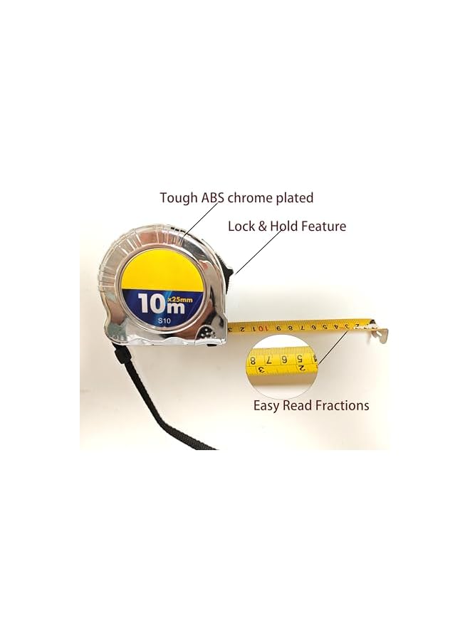 PROMASS promass Tape Measure 5m/7.5m/10m Chrome-Plated ABS,Heavy-Duty, Multi-Purpose Measuring Tape with Clear Fraction Markings, Non-Slip Grip, Auto-Lock & Manual Override for Construction, Engineerin (10m)  - Image 2