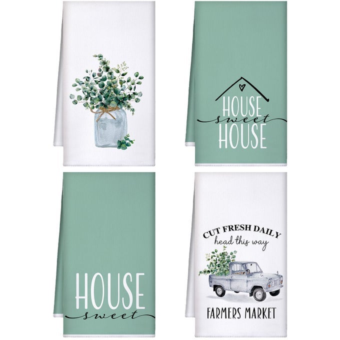 4 PIECES EUCALYPTUS KITCHEN TOWELS 16 X 24 INCH GREEN DISH TOWELS GREENERY HOUSE HAND TOWELS ABSORBENT SOFT MICROFIBER TEA TOWELS FOR HOME WEDDING KITCHEN DRYING TOWEL