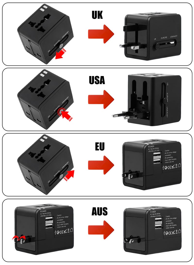 Worldwide Universal Travel Adapter Plug Converter Charger Outlet with 2.4A Dual USB-A,1500W Multifunctional International Power Adapter Wall Charger with Child Safety Door,Global AC Outlet,Black - Image 2