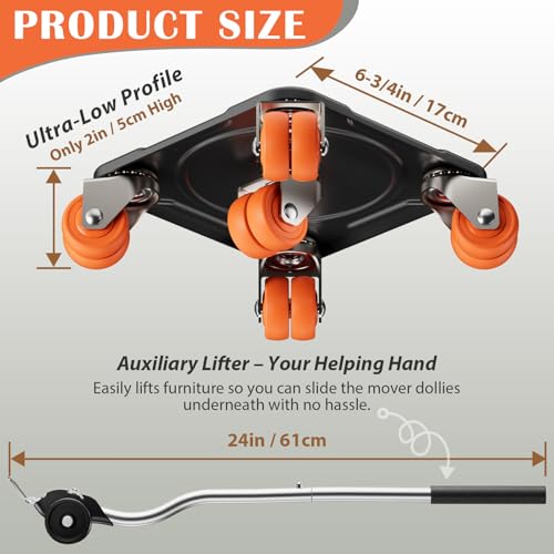 ONEON Heavy Duty Furniture Movers with Wheels Dolly with Auxiliary Lifter, All-New Upgraded Carbon Steel Panels & Dual-Wheeled Casters, Supports up to 2200 lbs (XL) - Image 3