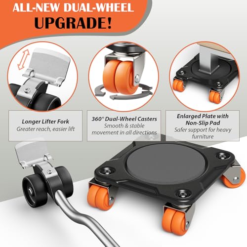 ONEON Heavy Duty Furniture Movers with Wheels Dolly with Auxiliary Lifter, All-New Upgraded Carbon Steel Panels & Dual-Wheeled Casters, Supports up to 2200 lbs (XL) - Image 2