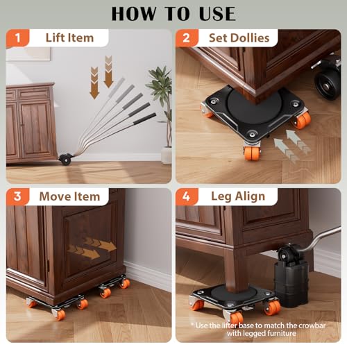 ONEON Heavy Duty Furniture Movers with Wheels Dolly with Auxiliary Lifter, All-New Upgraded Carbon Steel Panels & Dual-Wheeled Casters, Supports up to 2200 lbs (XL) - Image 5