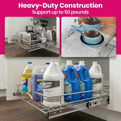 HOLDN’ STORAGE Pull Out Cabinet Organizer, Heavy Duty Caddy w/Lifetime Limited Warranty -14”W x 21”D - Requires At Least 15-1/4” Cabinet Opening, Steel Metal Cabinet Drawers Slide Out, Chrome - Image 4