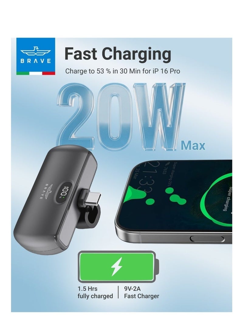 بريف شاحن محمول صغير بسعة 5000 مللي أمبير مع منفذ USB-C وشحن سريع بقوة 20 واط بتقنية PD، يتميز بشاشة LED وحامل قابل للطي، متوافق مع أجهزة iPhone وSamsung Galaxy وPixel وiPad - Image 3