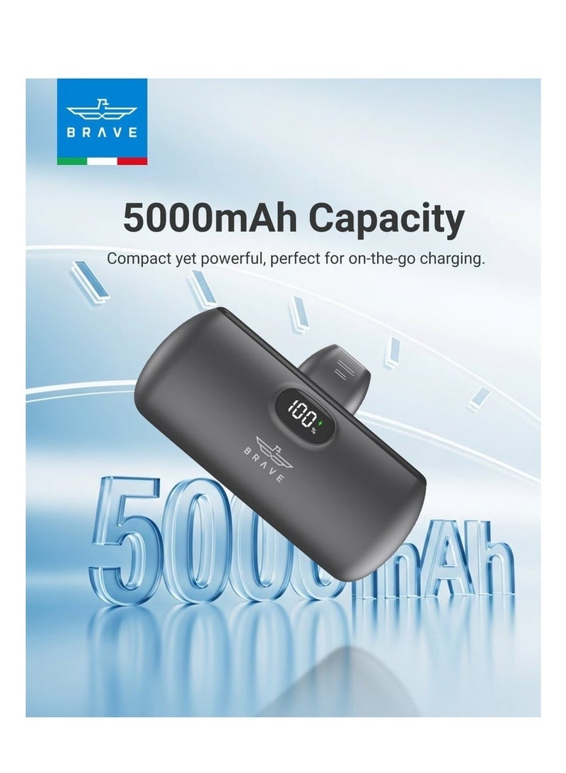 بريف شاحن محمول صغير بسعة 5000 مللي أمبير مع منفذ USB-C وشحن سريع بقوة 20 واط بتقنية PD، يتميز بشاشة LED وحامل قابل للطي، متوافق مع أجهزة iPhone وSamsung Galaxy وPixel وiPad - Image 2