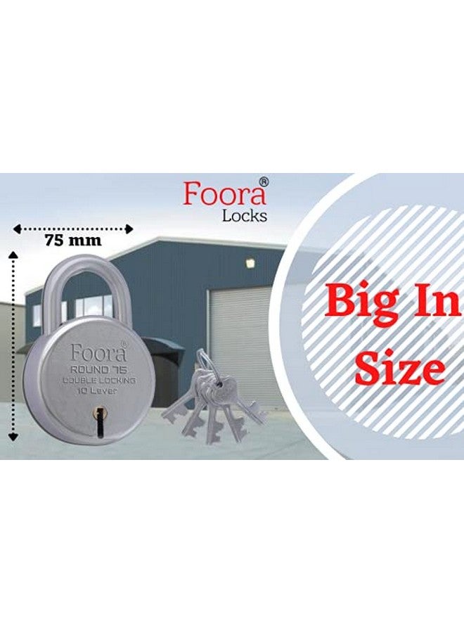 Foora Round 75mm Big Lock | Metal Body | Double Locking | 10 Steel Lever | 5 Silver Keys with Keychain | Silver Finsih | Made in India | Export in USA | Canada - Image 3