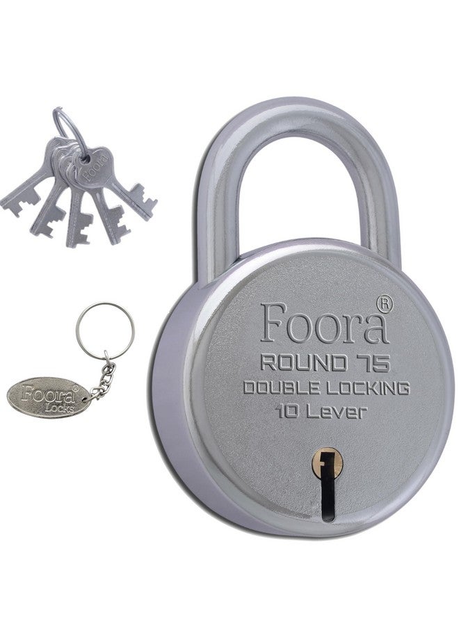 Foora Round 75mm Big Lock | Metal Body | Double Locking | 10 Steel Lever | 5 Silver Keys with Keychain | Silver Finsih | Made in India | Export in USA | Canada - Image 1