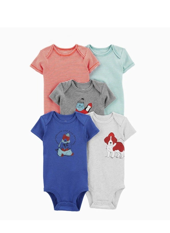 5 Piece Baby Boys Girls Bodysuit Set Soft Breathable Summer Baby Bodysuit Half Sleeve Onesie Pajama Set