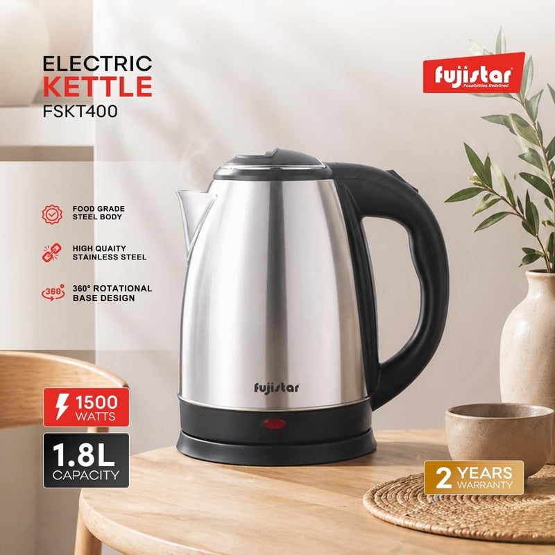Fujistar FSKT400 Electric Kettle, 1.8L, Stainless Steel, 1500W, Auto Shut-Off, 360° Rotational Base - Image 2