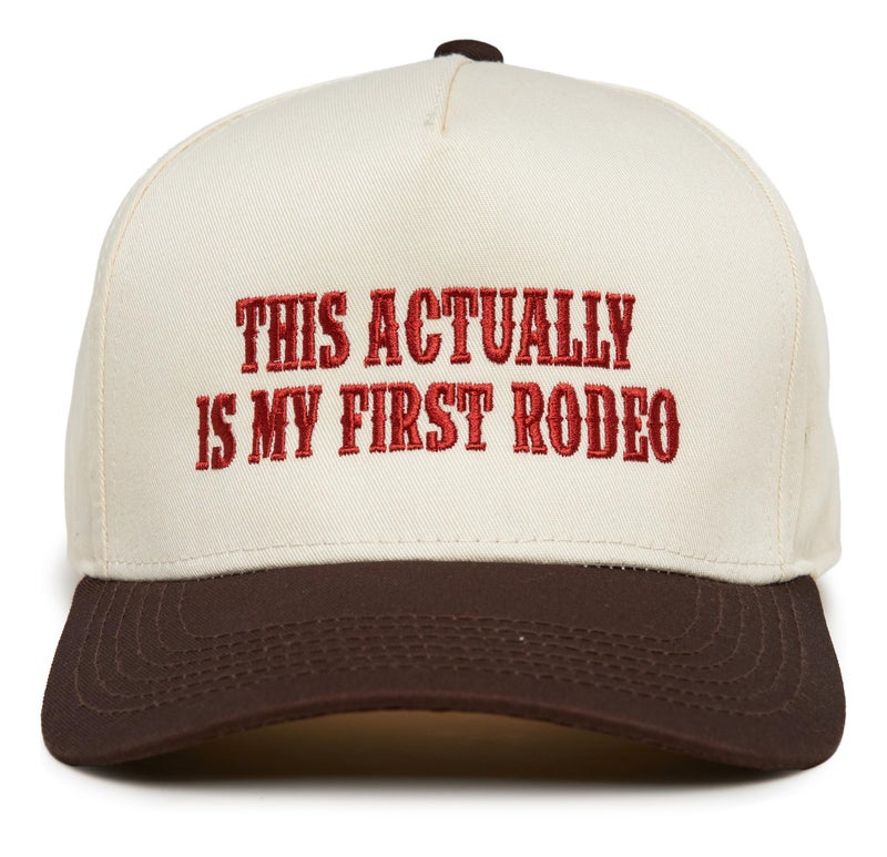 Funky Junque Two Tone Vintage Snapback Hat - This Actually is My First Rodeo - Brown/Beige - Image 1