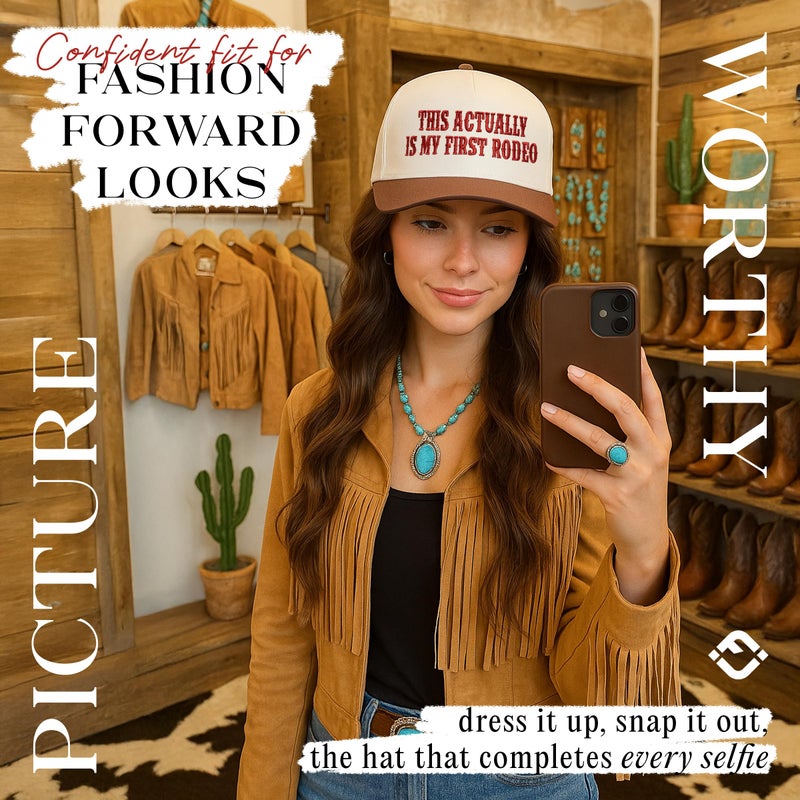 Funky Junque Two Tone Vintage Snapback Hat - This Actually is My First Rodeo - Brown/Beige - Image 2