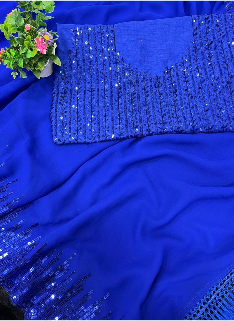 Gulf Vogue - Blue Designer Sequence Saree With Unstitched Blouse Piece - Image 1
