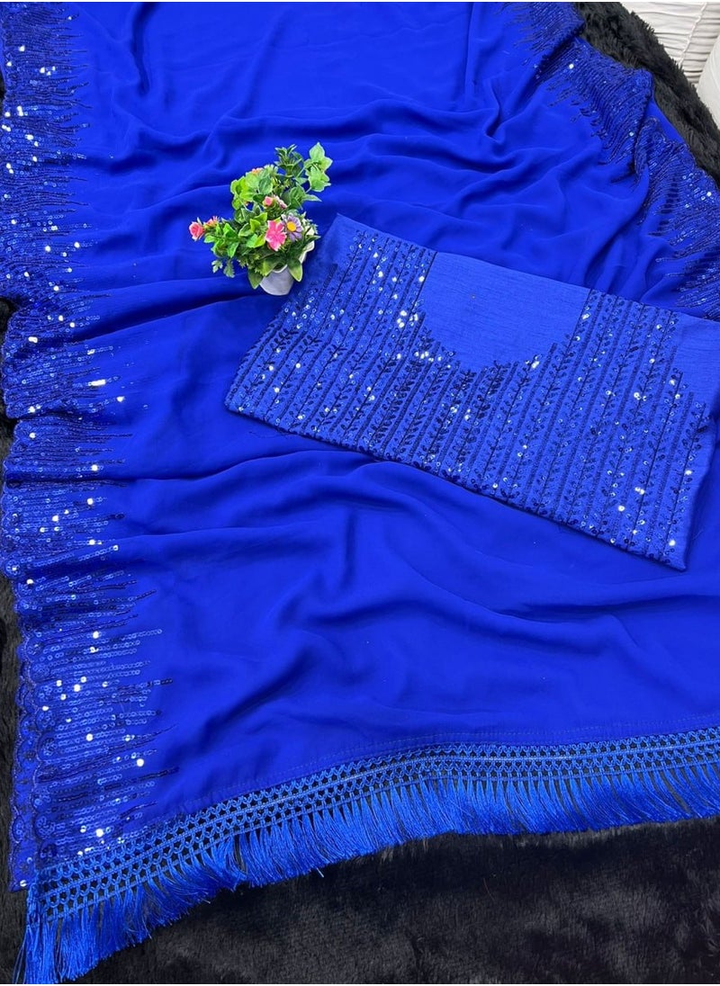 Gulf Vogue - Blue Designer Sequence Saree With Unstitched Blouse Piece - Image 1