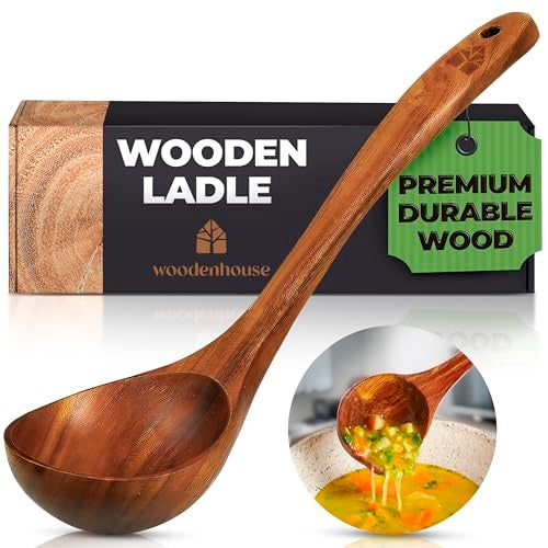 WOODENHOUSE LIFELONG QUALITY Wooden Ladle for Cooking Soup Spoon Ladle  Teak Wooden Serving Spoon 124 Handle Medium Scoop Size 2 oz  Eco Friendly Natural and Sustainable